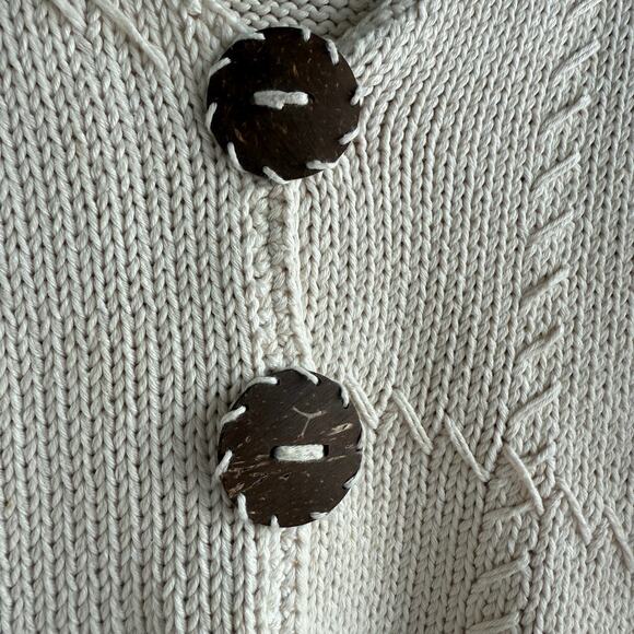 Handknit Cardigan Womens S/M Ivory Cotton Chunky Knit Sweater Oversized Buttons - Picture 4 of 7